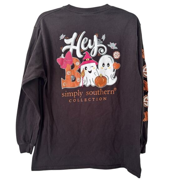 Simply Southern Hey Boo! Ghost Black Long Sleeve Halloween T-Shirt Youth Large - Picture 1 of 7